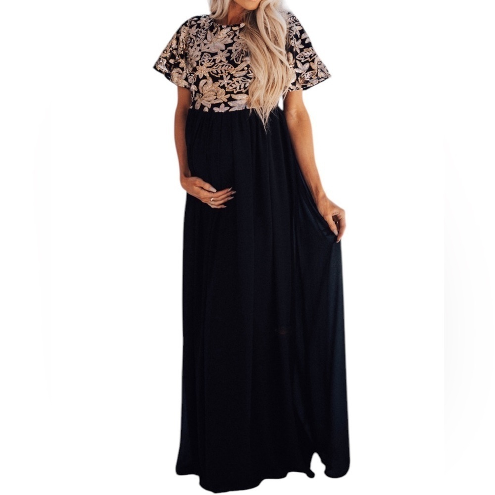 Stevie Hender Formal Line Maxi Formal Dress Black Color Gold Lace Size L.  I#89
